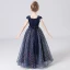 Scintillantes Bleu Marine Anniversaire Robe Ceremonie Fille 2021 Robe Boule Encolure Carrée Sans Manches Dos Nu Ceinture Paillettes Longue Volants