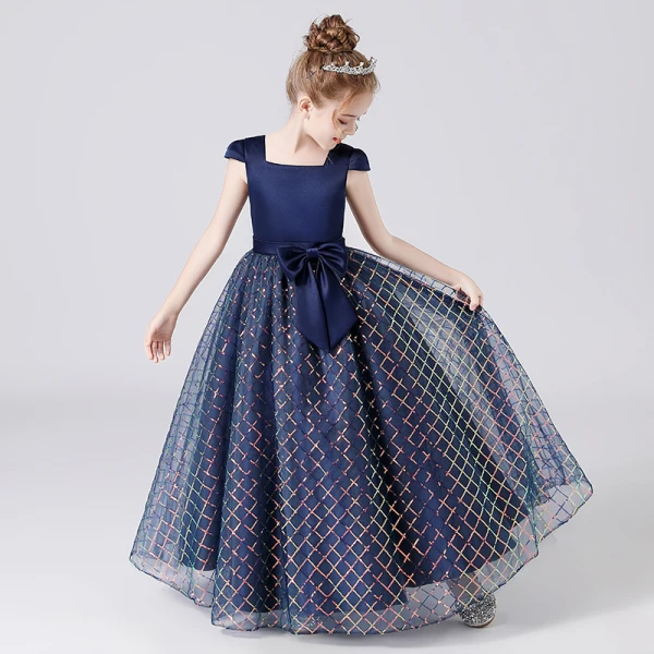 Scintillantes Bleu Marine Anniversaire Robe Ceremonie Fille 2021 Robe Boule Encolure Carrée Sans Manches Dos Nu Ceinture Paillettes Longue Volants