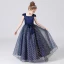 Scintillantes Bleu Marine Anniversaire Robe Ceremonie Fille 2021 Robe Boule Encolure Carrée Sans Manches Dos Nu Ceinture Paillettes Longue Volants