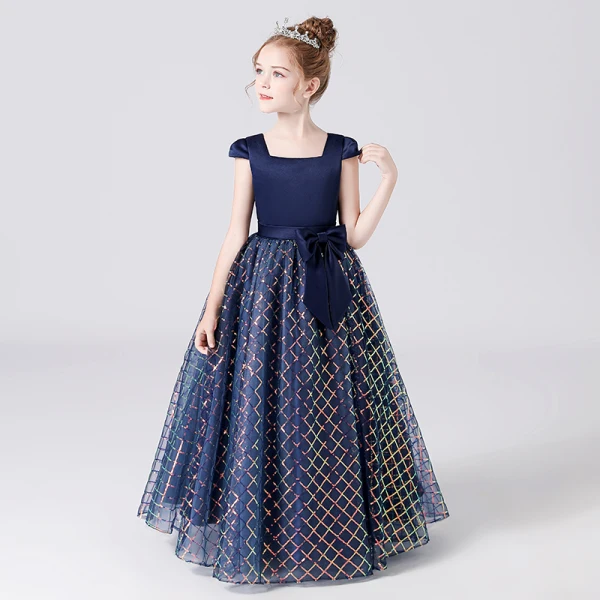 Scintillantes Bleu Marine Anniversaire Robe Ceremonie Fille 2021 Robe Boule Encolure Carrée Sans Manches Dos Nu Ceinture Paillettes Longue Volants