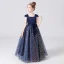 Scintillantes Bleu Marine Anniversaire Robe Ceremonie Fille 2021 Robe Boule Encolure Carrée Sans Manches Dos Nu Ceinture Paillettes Longue Volants