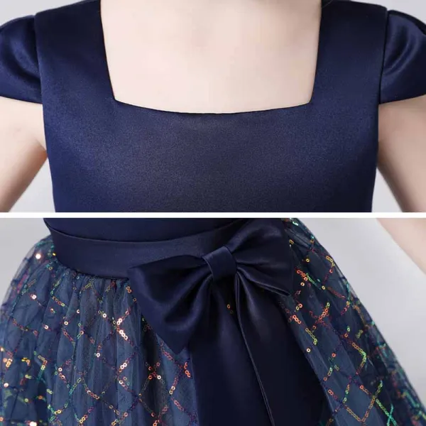 Scintillantes Bleu Marine Anniversaire Robe Ceremonie Fille 2021 Robe Boule Encolure Carrée Sans Manches Dos Nu Ceinture Paillettes Longue Volants