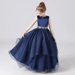 Mode Bleu Marine Organza Anniversaire Robe Ceremonie Fille 2021 Robe Boule Encolure Dégagée Sans Manches Faux Diamant Ceinture Longue Volants