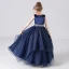 Fashion Navy Blue Organza Birthday Flower Girl Dresses 2021 Ball Gown Scoop Neck Sleeveless Rhinestone Sash Floor-Length / Long Ruffle