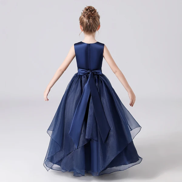 Fashion Navy Blue Organza Birthday Flower Girl Dresses 2021 Ball Gown Scoop Neck Sleeveless Rhinestone Sash Floor-Length / Long Ruffle