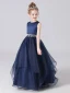 Fashion Navy Blue Organza Birthday Flower Girl Dresses 2021 Ball Gown Scoop Neck Sleeveless Rhinestone Sash Floor-Length / Long Ruffle