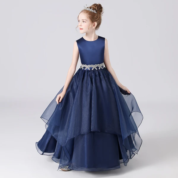 Fashion Navy Blue Organza Birthday Flower Girl Dresses 2021 Ball Gown Scoop Neck Sleeveless Rhinestone Sash Floor-Length / Long Ruffle