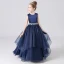 Fashion Navy Blue Organza Birthday Flower Girl Dresses 2021 Ball Gown Scoop Neck Sleeveless Rhinestone Sash Floor-Length / Long Ruffle