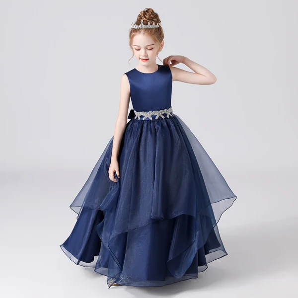Fashion Navy Blue Organza Birthday Flower Girl Dresses 2021 Ball Gown Scoop Neck Sleeveless Rhinestone Sash Floor-Length / Long Ruffle