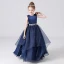 Fashion Navy Blue Organza Birthday Flower Girl Dresses 2021 Ball Gown Scoop Neck Sleeveless Rhinestone Sash Floor-Length / Long Ruffle
