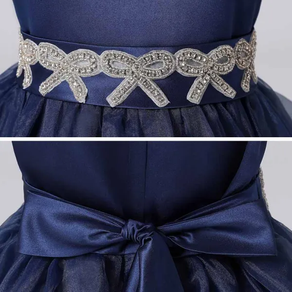 Fashion Navy Blue Organza Birthday Flower Girl Dresses 2021 Ball Gown Scoop Neck Sleeveless Rhinestone Sash Floor-Length / Long Ruffle