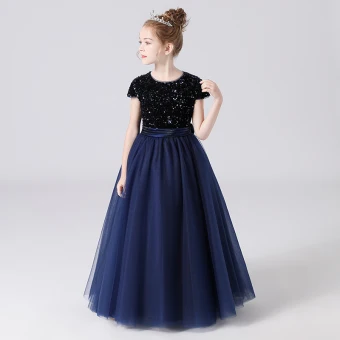 Mode Bleu Marine Anniversaire Robe Ceremonie Fille 2021 Princesse Encolure Dégagée Manches Courtes Paillettes Ceinture Longue Volants