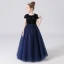 Fashion Navy Blue Birthday Flower Girl Dresses 2021 A-Line / Princess Scoop Neck Short Sleeve Sequins Sash Floor-Length / Long Ruffle