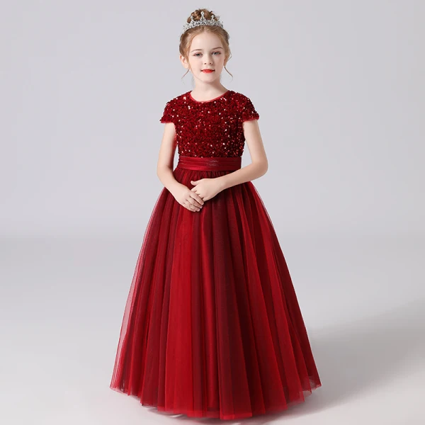 Fashion Navy Blue Birthday Flower Girl Dresses 2021 A-Line / Princess Scoop Neck Short Sleeve Sequins Sash Floor-Length / Long Ruffle