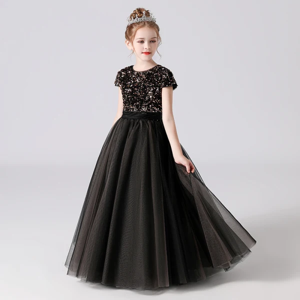 Fashion Navy Blue Birthday Flower Girl Dresses 2021 A-Line / Princess Scoop Neck Short Sleeve Sequins Sash Floor-Length / Long Ruffle