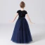 Fashion Navy Blue Birthday Flower Girl Dresses 2021 A-Line / Princess Scoop Neck Short Sleeve Sequins Sash Floor-Length / Long Ruffle