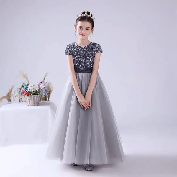Fashion Navy Blue Birthday Flower Girl Dresses 2021 A-Line / Princess Scoop Neck Short Sleeve Sequins Sash Floor-Length / Long Ruffle
