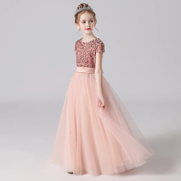 Fashion Navy Blue Birthday Flower Girl Dresses 2021 A-Line / Princess Scoop Neck Short Sleeve Sequins Sash Floor-Length / Long Ruffle