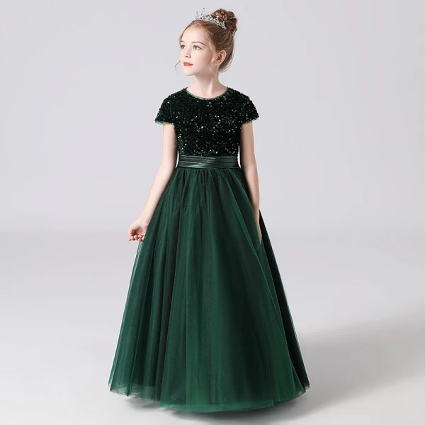 Fashion Navy Blue Birthday Flower Girl Dresses 2021 A-Line / Princess Scoop Neck Short Sleeve Sequins Sash Floor-Length / Long Ruffle