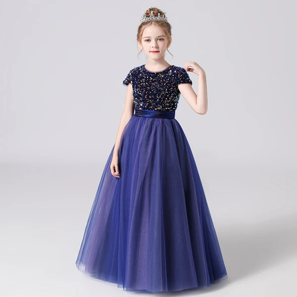 Fashion Navy Blue Birthday Flower Girl Dresses 2021 A-Line / Princess Scoop Neck Short Sleeve Sequins Sash Floor-Length / Long Ruffle