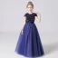 Fashion Navy Blue Birthday Flower Girl Dresses 2021 A-Line / Princess Scoop Neck Short Sleeve Sequins Sash Floor-Length / Long Ruffle