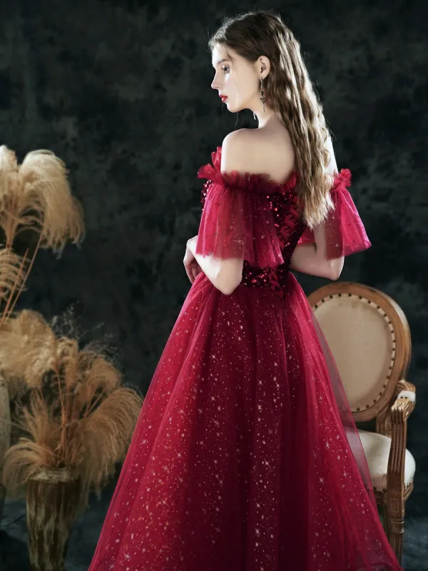 Scintillantes Bordeaux de retour Robe De Graduation 2021 Princesse Encolure Carrée Sans Manches Paillettes Glitter Tulle Thé Longueur Volants Dos Nu Robe De Ceremonie