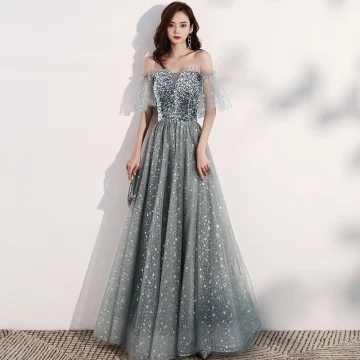 Sparkly Grey Star Prom Dresses 2021 A Line Princess Off The Shoulder Short Sleeve Sequins Glitter Tulle Floor Length Long Ruffle Backless Formal Dresses