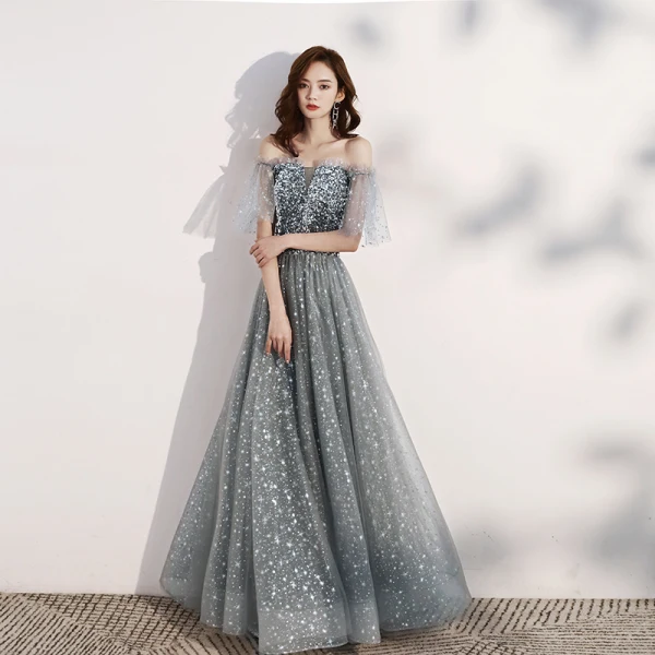Scintillantes Gris Étoile Robe De Bal 2021 Princesse De l'épaule Manches Courtes Paillettes Glitter Tulle Longue Volants Dos Nu Robe De Ceremonie