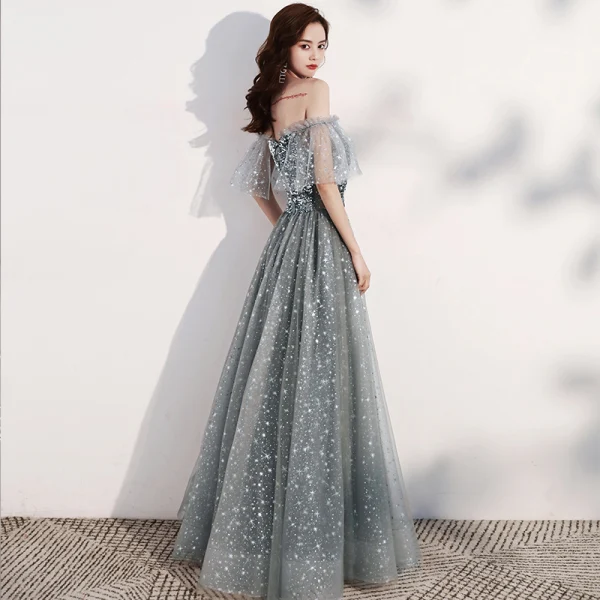 Scintillantes Gris Étoile Robe De Bal 2021 Princesse De l'épaule Manches Courtes Paillettes Glitter Tulle Longue Volants Dos Nu Robe De Ceremonie