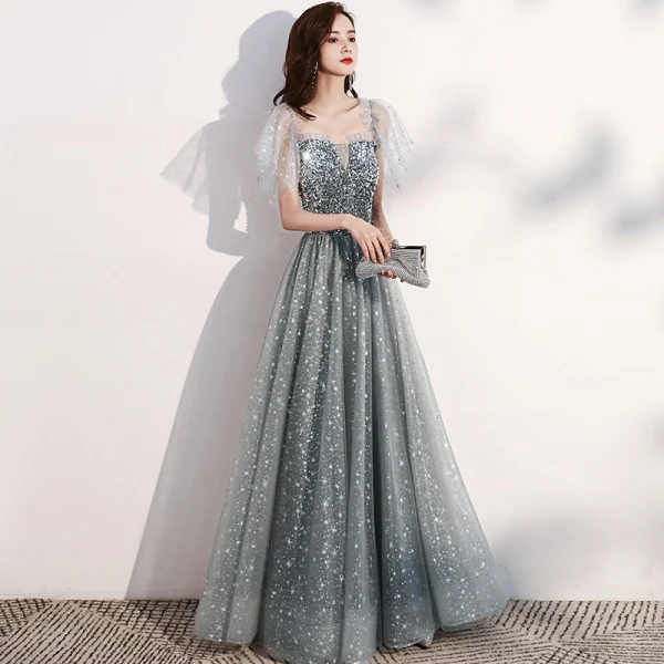 Scintillantes Gris Étoile Robe De Bal 2021 Princesse De l'épaule Manches Courtes Paillettes Glitter Tulle Longue Volants Dos Nu Robe De Ceremonie