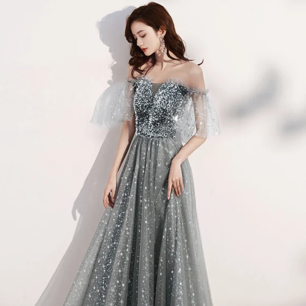 Scintillantes Gris Étoile Robe De Bal 2021 Princesse De l'épaule Manches Courtes Paillettes Glitter Tulle Longue Volants Dos Nu Robe De Ceremonie