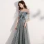 Scintillantes Gris Étoile Robe De Bal 2021 Princesse De l'épaule Manches Courtes Paillettes Glitter Tulle Longue Volants Dos Nu Robe De Ceremonie