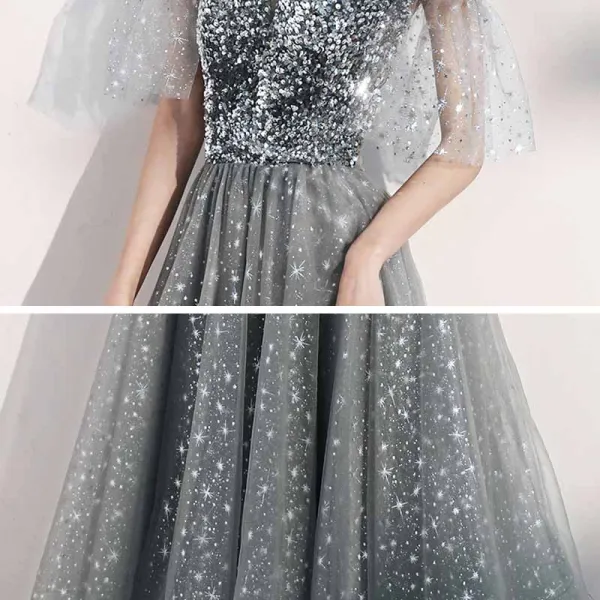 Scintillantes Gris Étoile Robe De Bal 2021 Princesse De l'épaule Manches Courtes Paillettes Glitter Tulle Longue Volants Dos Nu Robe De Ceremonie