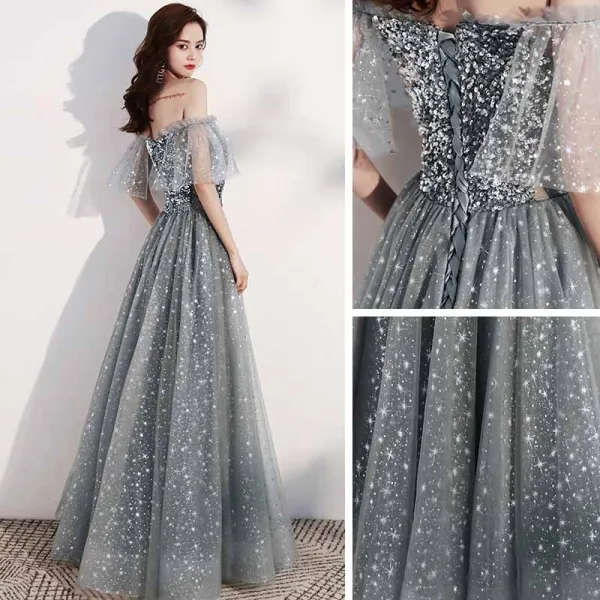 Scintillantes Gris Étoile Robe De Bal 2021 Princesse De l'épaule Manches Courtes Paillettes Glitter Tulle Longue Volants Dos Nu Robe De Ceremonie