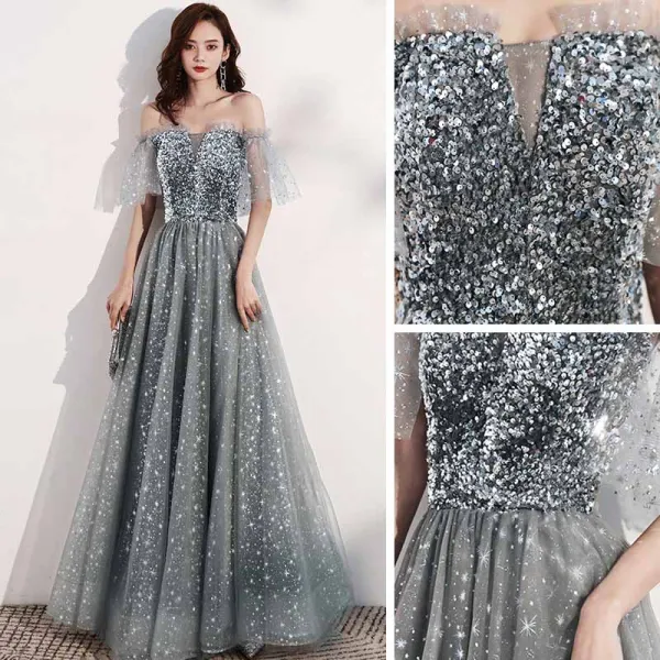 Scintillantes Gris Étoile Robe De Bal 2021 Princesse De l'épaule Manches Courtes Paillettes Glitter Tulle Longue Volants Dos Nu Robe De Ceremonie