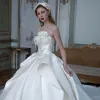 Luxury / Gorgeous White Satin Bridal Wedding Dresses 2021 Ball Gown Strapless Sleeveless Backless Beading Sequins Cathedral Train Ruffle