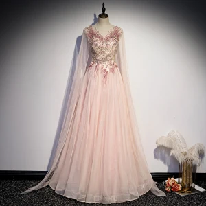 Mode Rougissant Rose Dansant Robe De Bal 2021 Princesse Transparentes Encolure Dégagée Sans Manches Appliques En Dentelle Perlage Longue Volants Dos Nu Robe De Ceremonie