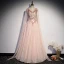 Fashion Blushing Pink Dancing Prom Dresses 2021 A-Line / Princess See-through Scoop Neck Sleeveless Appliques Lace Beading Floor-Length / Long Ruffle Backless Formal Dresses