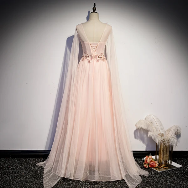 Fashion Blushing Pink Dancing Prom Dresses 2021 A-Line / Princess See-through Scoop Neck Sleeveless Appliques Lace Beading Floor-Length / Long Ruffle Backless Formal Dresses