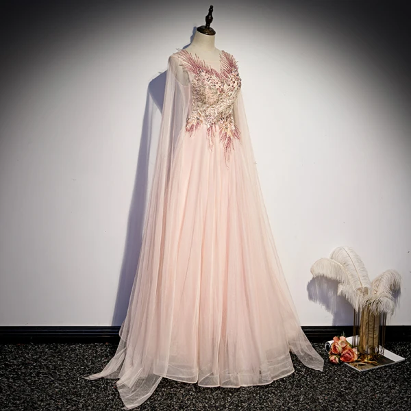 Fashion Blushing Pink Dancing Prom Dresses 2021 A-Line / Princess See-through Scoop Neck Sleeveless Appliques Lace Beading Floor-Length / Long Ruffle Backless Formal Dresses