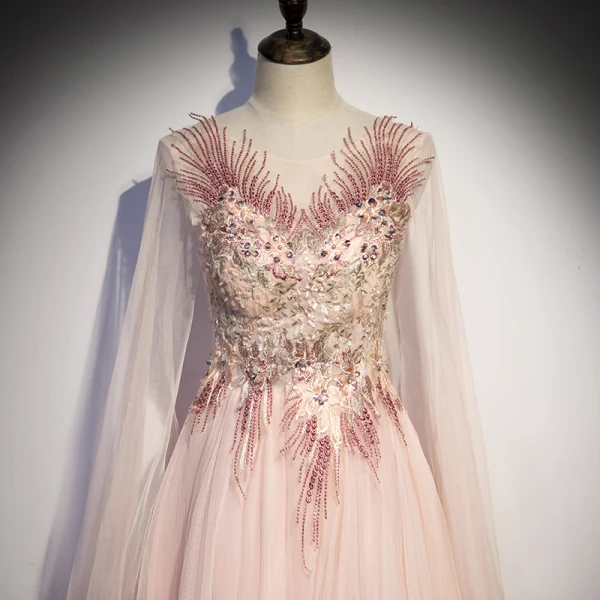Fashion Blushing Pink Dancing Prom Dresses 2021 A-Line / Princess See-through Scoop Neck Sleeveless Appliques Lace Beading Floor-Length / Long Ruffle Backless Formal Dresses
