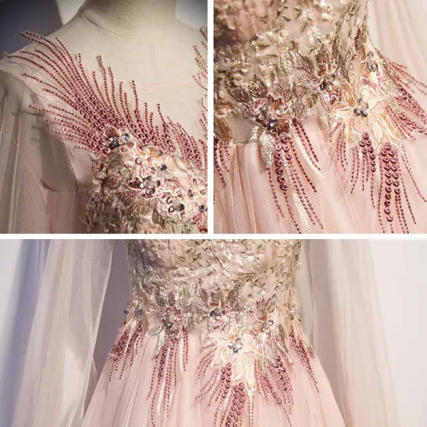 Fashion Blushing Pink Dancing Prom Dresses 2021 A-Line / Princess See-through Scoop Neck Sleeveless Appliques Lace Beading Floor-Length / Long Ruffle Backless Formal Dresses