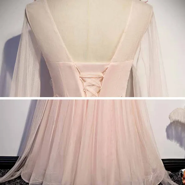 Fashion Blushing Pink Dancing Prom Dresses 2021 A-Line / Princess See-through Scoop Neck Sleeveless Appliques Lace Beading Floor-Length / Long Ruffle Backless Formal Dresses