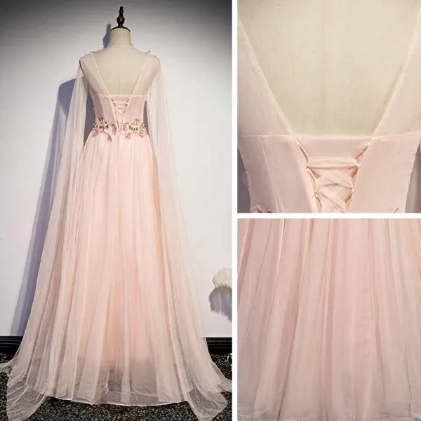 Fashion Blushing Pink Dancing Prom Dresses 2021 A-Line / Princess See-through Scoop Neck Sleeveless Appliques Lace Beading Floor-Length / Long Ruffle Backless Formal Dresses