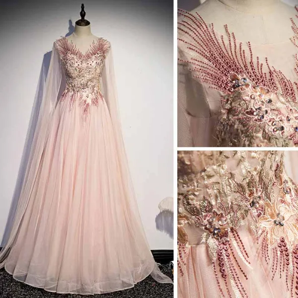 Fashion Blushing Pink Dancing Prom Dresses 2021 A-Line / Princess See-through Scoop Neck Sleeveless Appliques Lace Beading Floor-Length / Long Ruffle Backless Formal Dresses