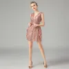 Sparkly Rose Gold Sequins Party Dresses 2021 A-Line / Princess V-Neck Sleeveless Short Ruffle Backless Formal Dresses