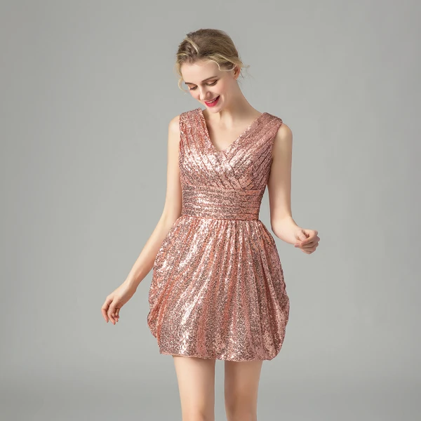 Glitzernden Rose Gold Pailletten Partykleider 2021 A Linie V-Ausschnitt Ärmellos Kurze Rüschen Rückenfreies Festliche Kleider