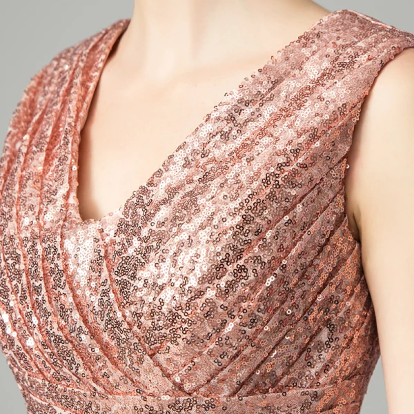 Glitzernden Rose Gold Pailletten Partykleider 2021 A Linie V-Ausschnitt Ärmellos Kurze Rüschen Rückenfreies Festliche Kleider
