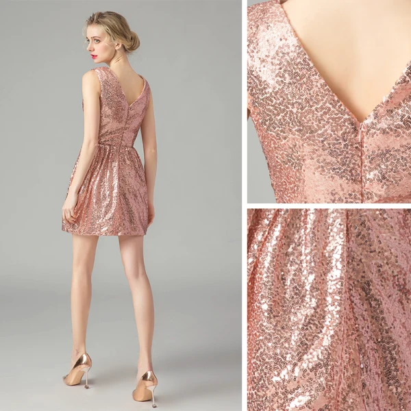 Glitzernden Rose Gold Pailletten Partykleider 2021 A Linie V-Ausschnitt Ärmellos Kurze Rüschen Rückenfreies Festliche Kleider