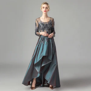 Illusion Bleu D Encre Satin Transparentes Dansant Robe De Bal 2021 Princesse Encolure Dégagée Manches Longues Appliques En Dentelle Asymétrique Volants Robe De Ceremonie